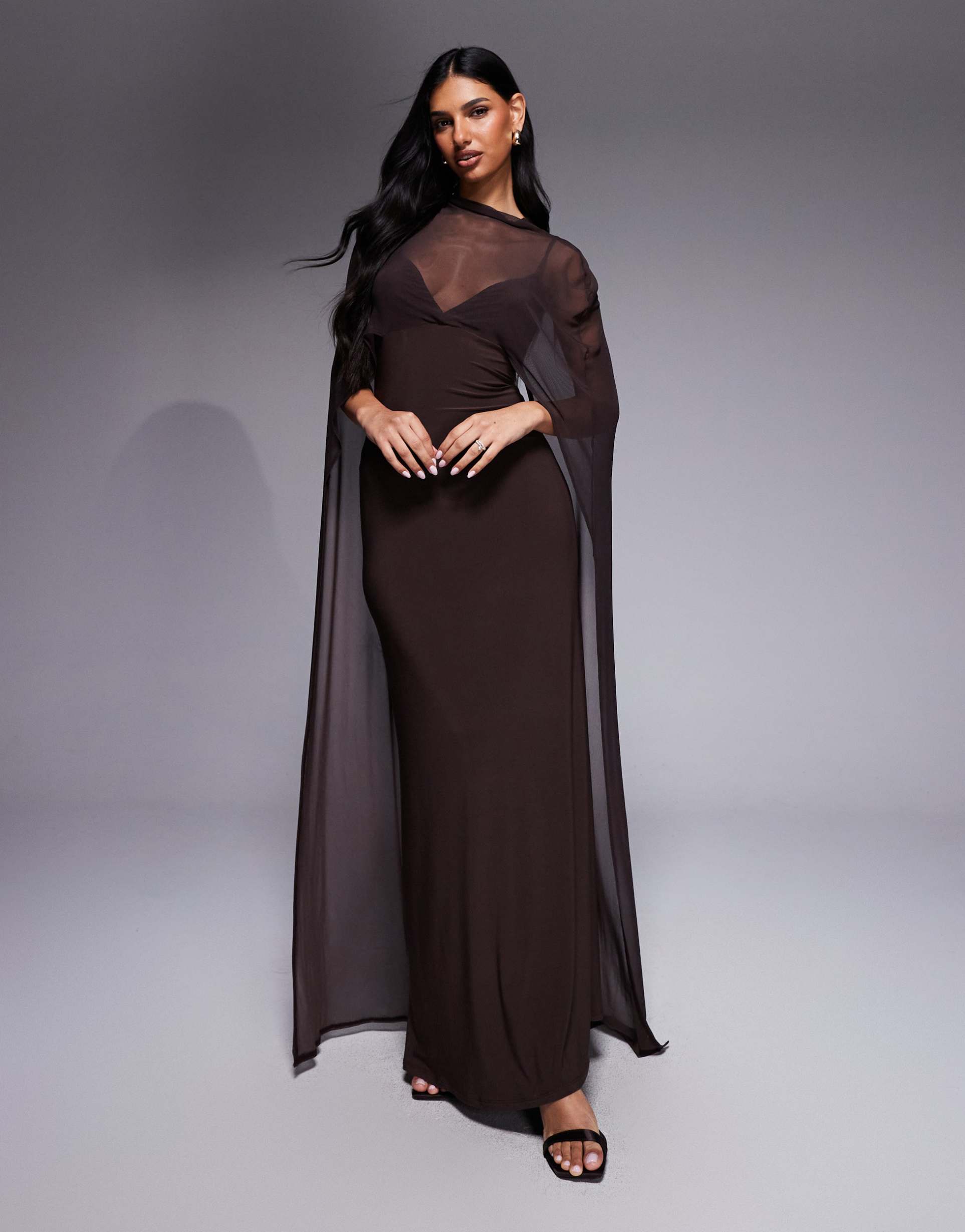 asos design exaggerated cape maxi dress in chocolate