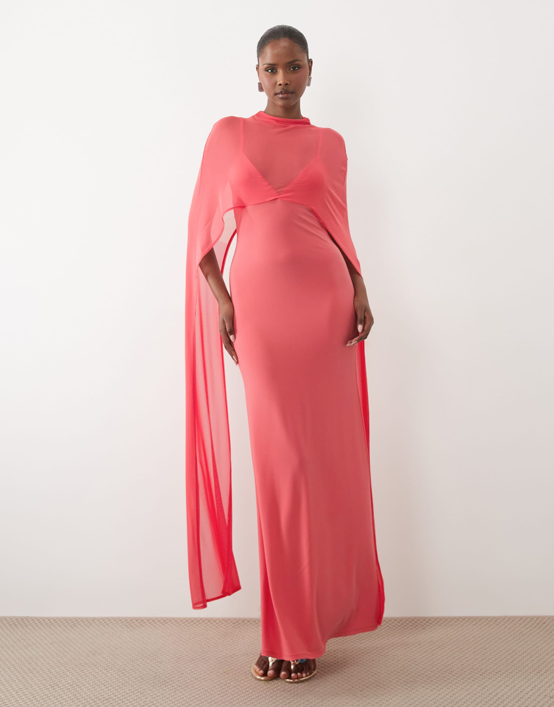 asos design exaggerated cape maxi dress in coral