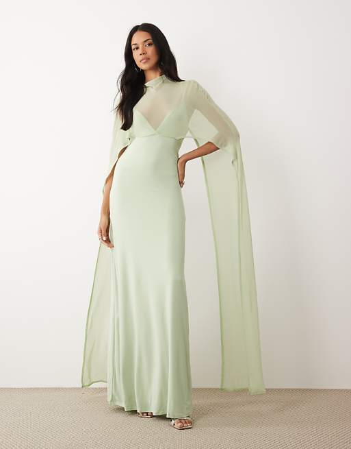 sage green dress Santiago Cut-Out Ruffle Maxi Navy Blue AW.Bridal A-line V-Neck Floor Length