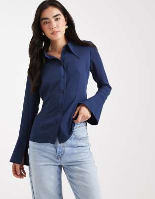 Asos Design Exaggerated Collar And Cuff Shirt In Blue