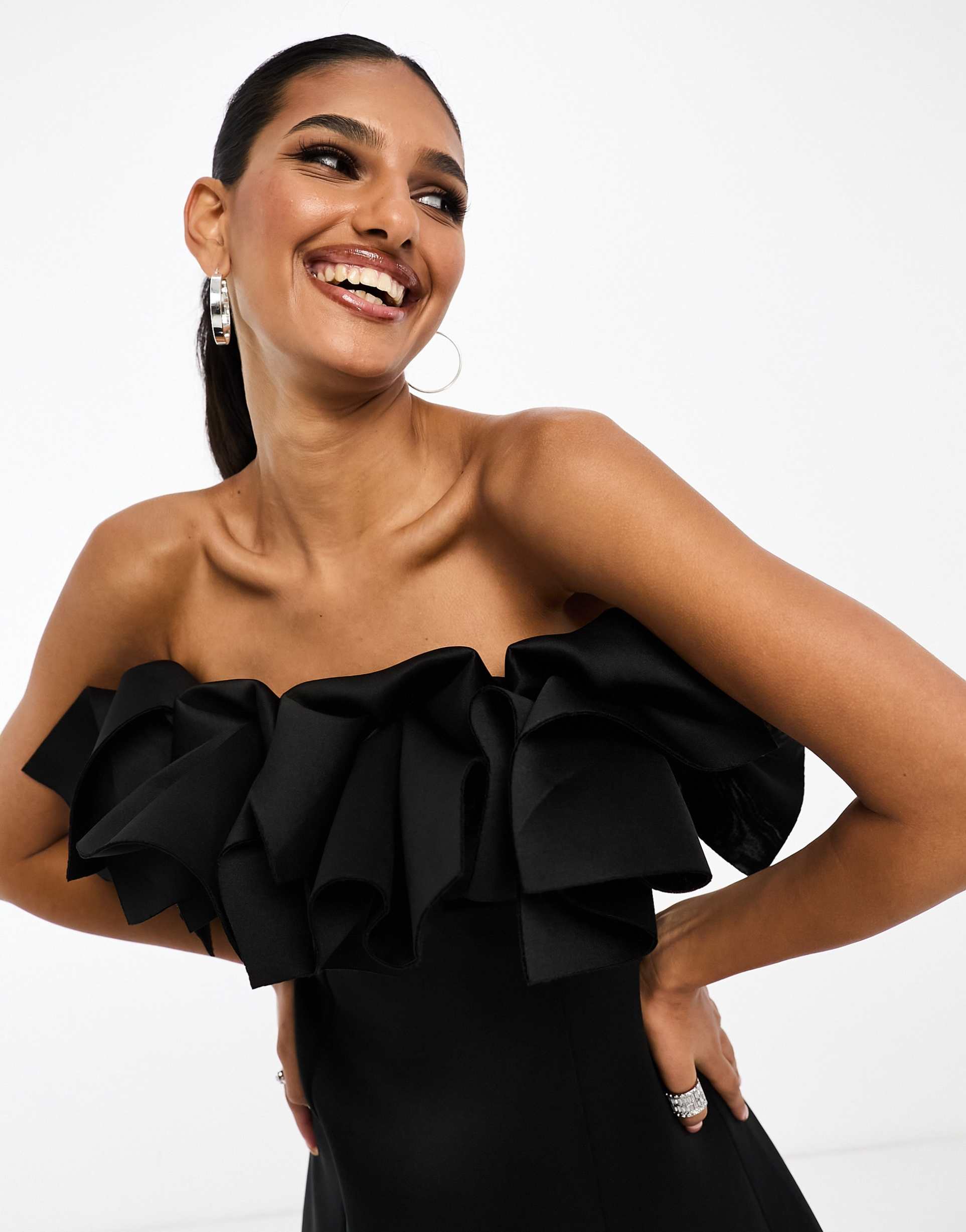 asos design exaggerated pleat detail bandeau mini dress in black