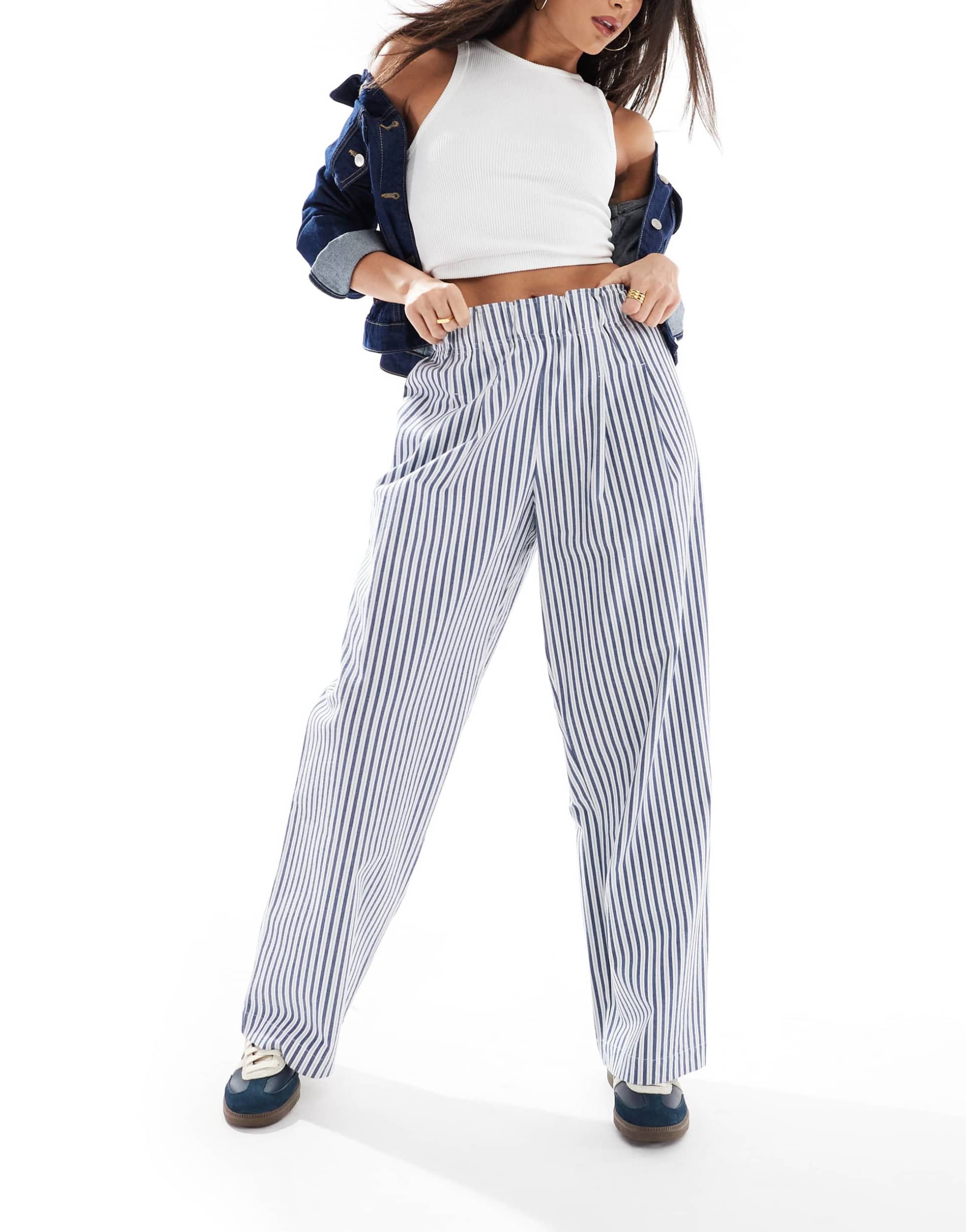 asos design exaggerated pull on wide leg pants in blue stripe