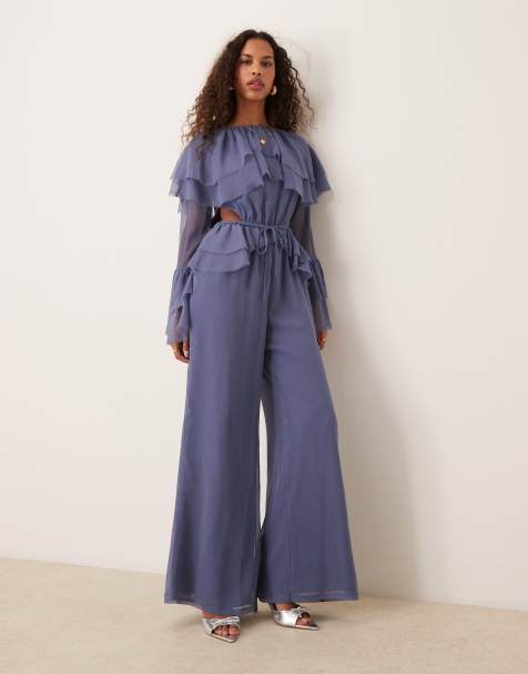 ASOS DESIGN exaggerated ruffle sleeve jumpsuit with cut out waist in blue - view 1