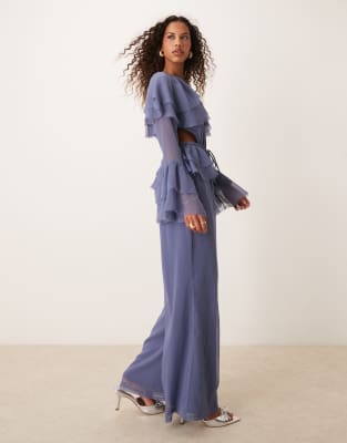 Asos Design Exaggerated Ruffle Sleeve Jumpsuit With Cut Out Waist In Blue