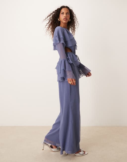 ASOS DESIGN exaggerated ruffle sleeve jumpsuit with cut out waist in blue, 2 of 4