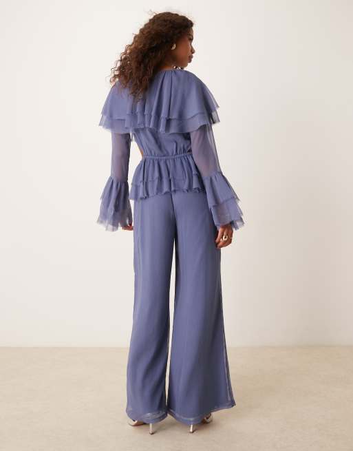 ASOS DESIGN exaggerated ruffle sleeve jumpsuit with cut out waist in blue, 3 of 4