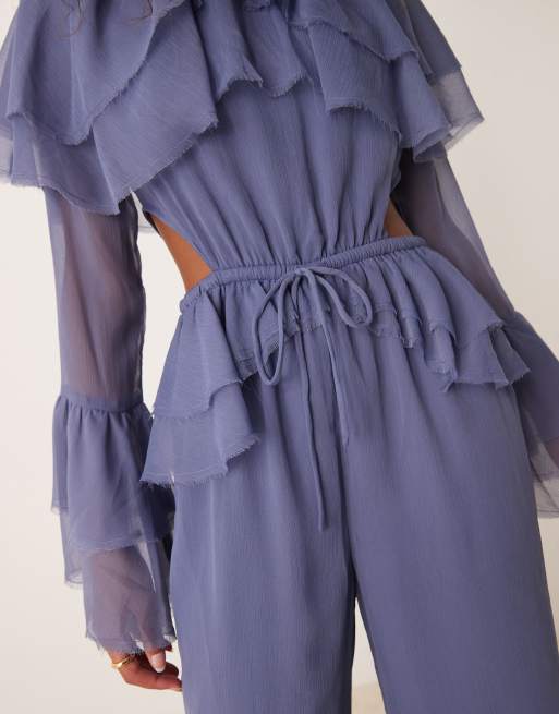 ASOS DESIGN exaggerated ruffle sleeve jumpsuit with cut out waist in blue, 4 of 4