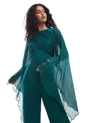 Asos Design Exaggerated Sleeve Chiffon Wide Leg Jumpsuit In Green