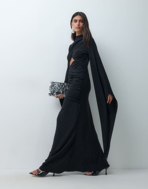 ASOS DESIGN exaggerated sleeve cross neck maxi dress in black, 4 of 5