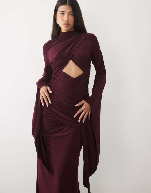 ASOS DESIGN exaggerated sleeve cross neck maxi dress in plum, 3 of 4
