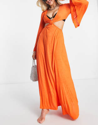 ASOS DESIGN exaggerated sleeve cut out waist maxi beach dress in orange