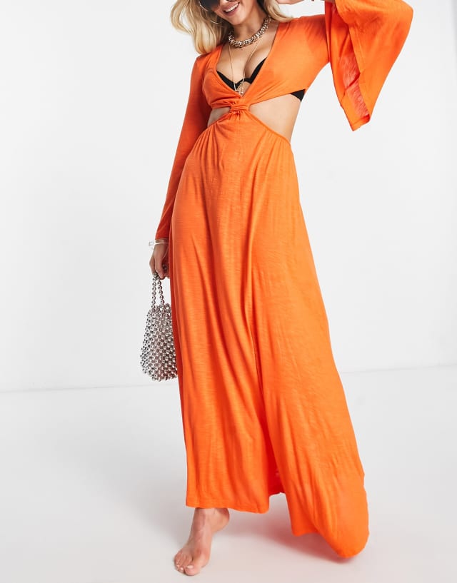 ASOS DESIGN exaggerated sleeve cut-out waist maxi beach dress in orange