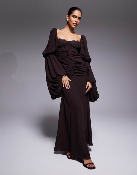 ASOS DESIGN exaggerated sleeve drape front maxi dress with godets in chocolate
