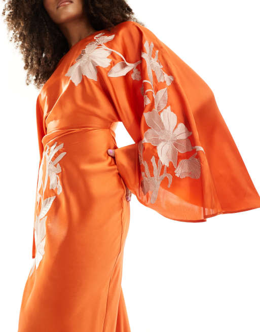 ASOS DESIGN exaggerated sleeve embroidered satin bias cut maxi dress in orange