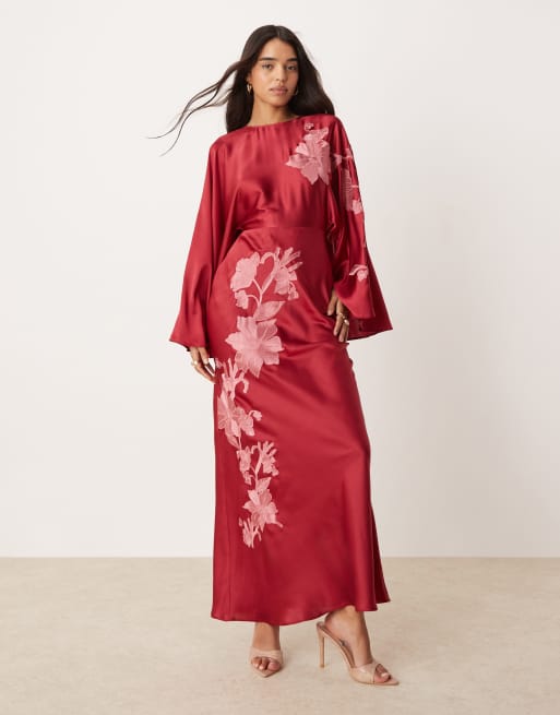 ASOS DESIGN exaggerated sleeve embroidered satin bias maxi dress in berry