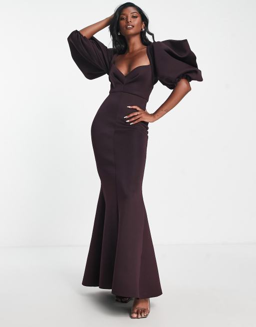 ASOS DESIGN exaggerated sleeve open back maxi dress with sweep hem in  aubergine