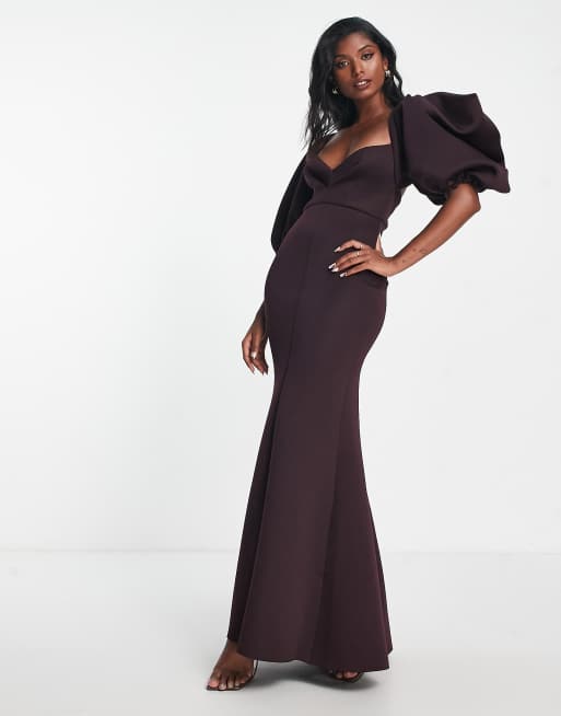 ASOS DESIGN one shoulder premium draped maxi dress with train detail in  chocolate brown