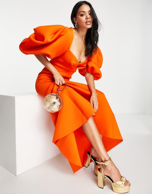 ASOS DESIGN exaggerated sleeve open back maxi dress with sweep hem in orange