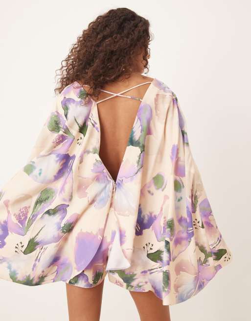 ASOS DESIGN exaggerated sleeve plunge playsuit in abstract floral print, 2 of 4
