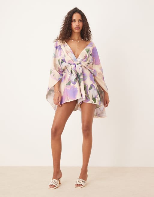 ASOS DESIGN exaggerated sleeve plunge playsuit in abstract floral print, 3 of 4