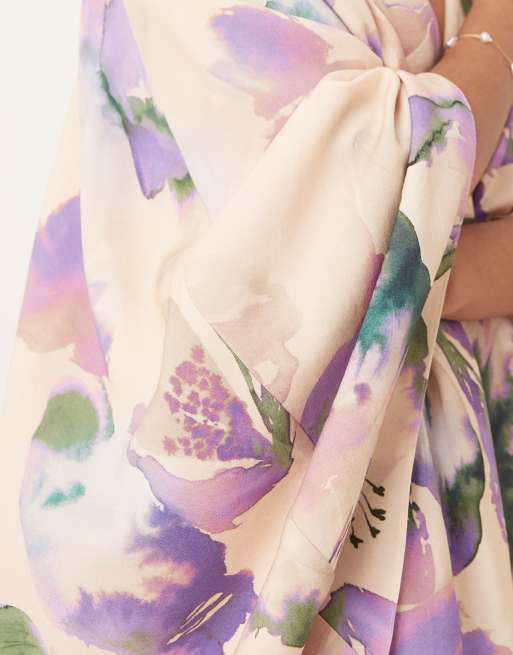 ASOS DESIGN exaggerated sleeve plunge playsuit in abstract floral print, 4 of 4