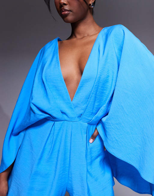 ASOS DESIGN exaggerated sleeve plunge playsuit in cobalt blue, 3 of 4