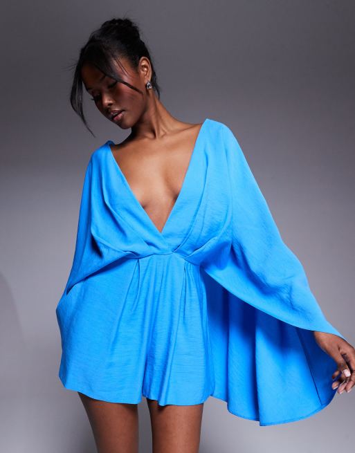 ASOS DESIGN exaggerated sleeve plunge playsuit in cobalt blue ASOS