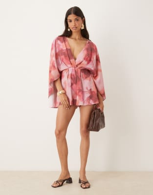 Asos Design Exaggerated Sleeve Plunge Romper In Brown