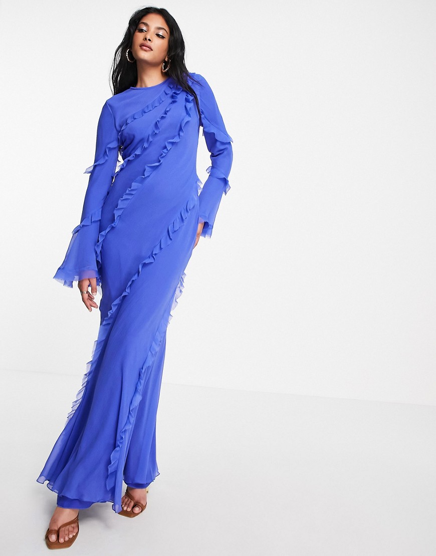 Asos Design Exaggerated Sleeve Ruffle Detail Maxi Dress In Bright Blue Chiffon