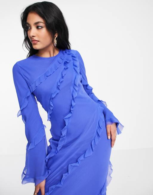 ASOS DESIGN exaggerated sleeve ruffle detail maxi dress in bright blue  chiffon