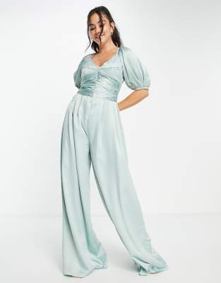 ASOS DESIGN exaggerated sleeve satin jumpsuit in sage green