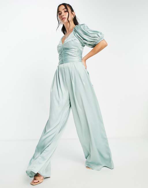 ASOS DESIGN exaggerated sleeve satin jumpsuit in sage green