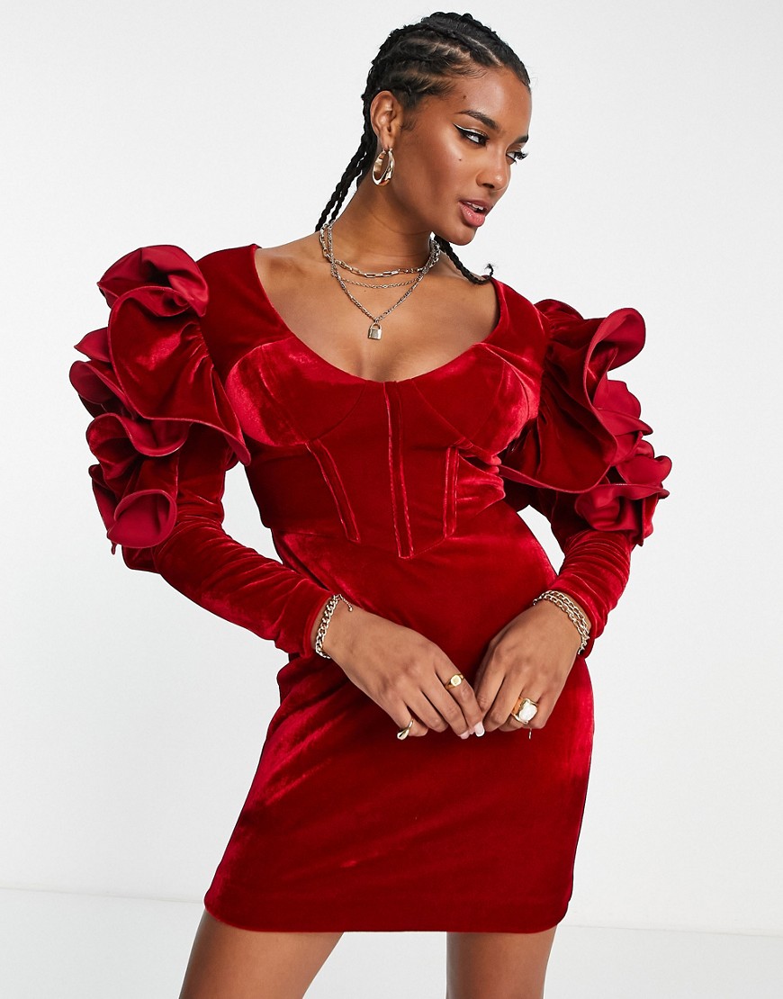 ASOS DESIGN exaggerated sleeve velvet corset mini dress in burgundy-Red