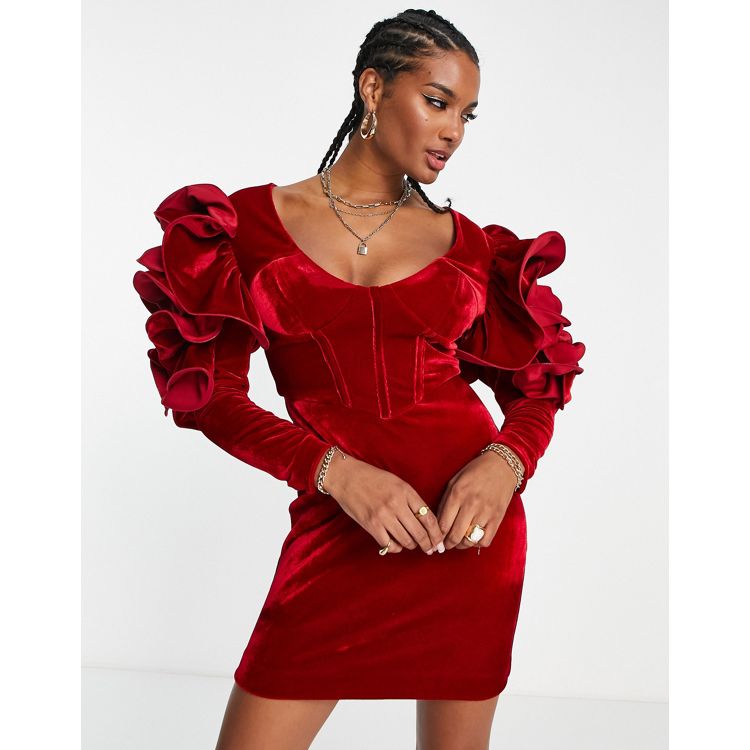 Dark Red Velvet Corset Long Sleeve Bodycon Dress
