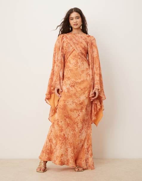 ASOS DESIGN exaggerated sleeve wrap bias maxi dress in brown floral print - view 1
