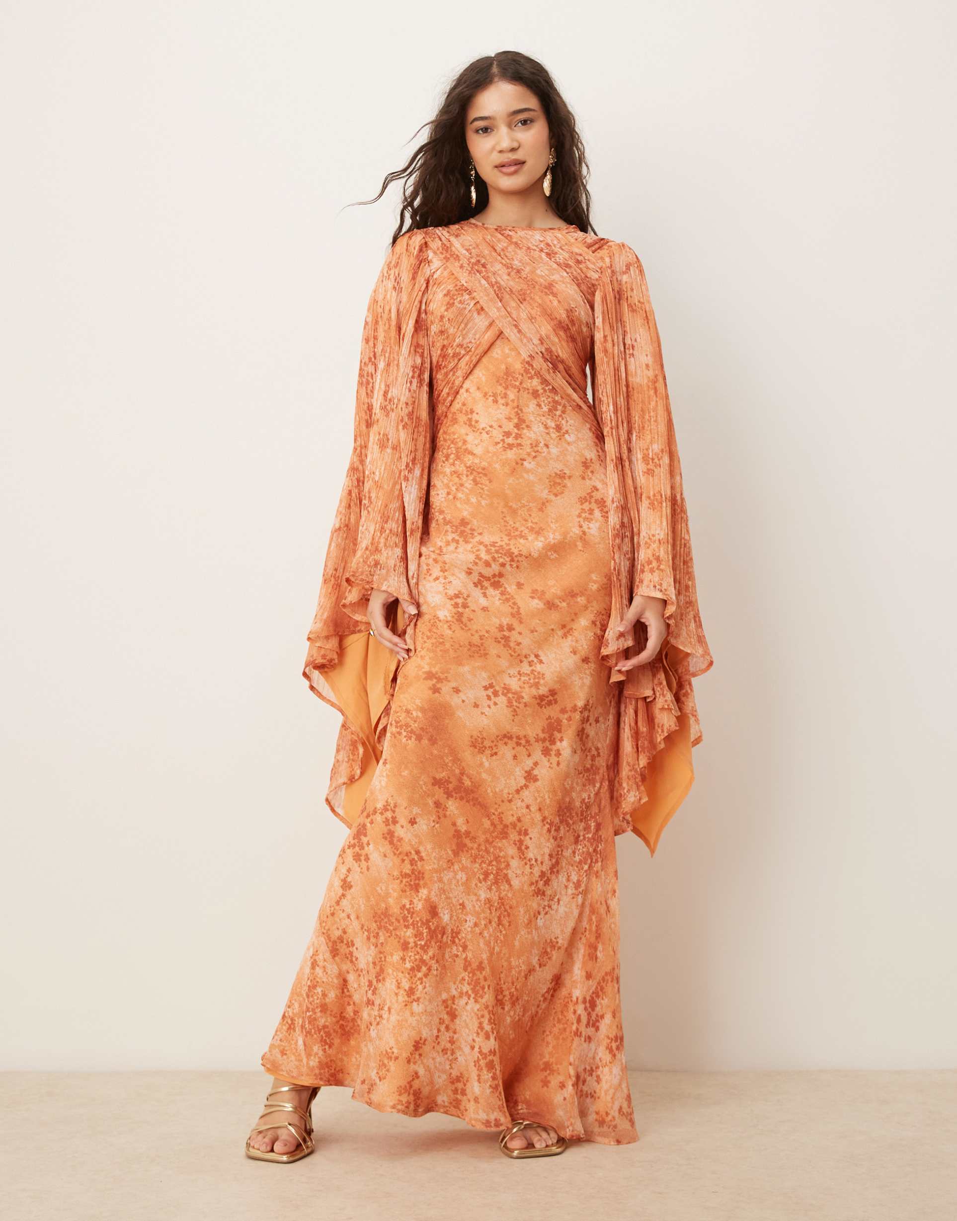 asos design exaggerated sleeve wrap bias maxi dress in brown floral print