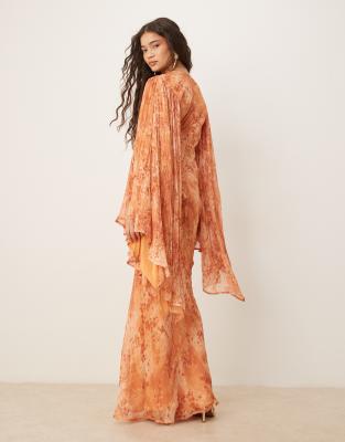 ASOS DESIGN exaggerated sleeve wrap bias maxi dress in brown floral print