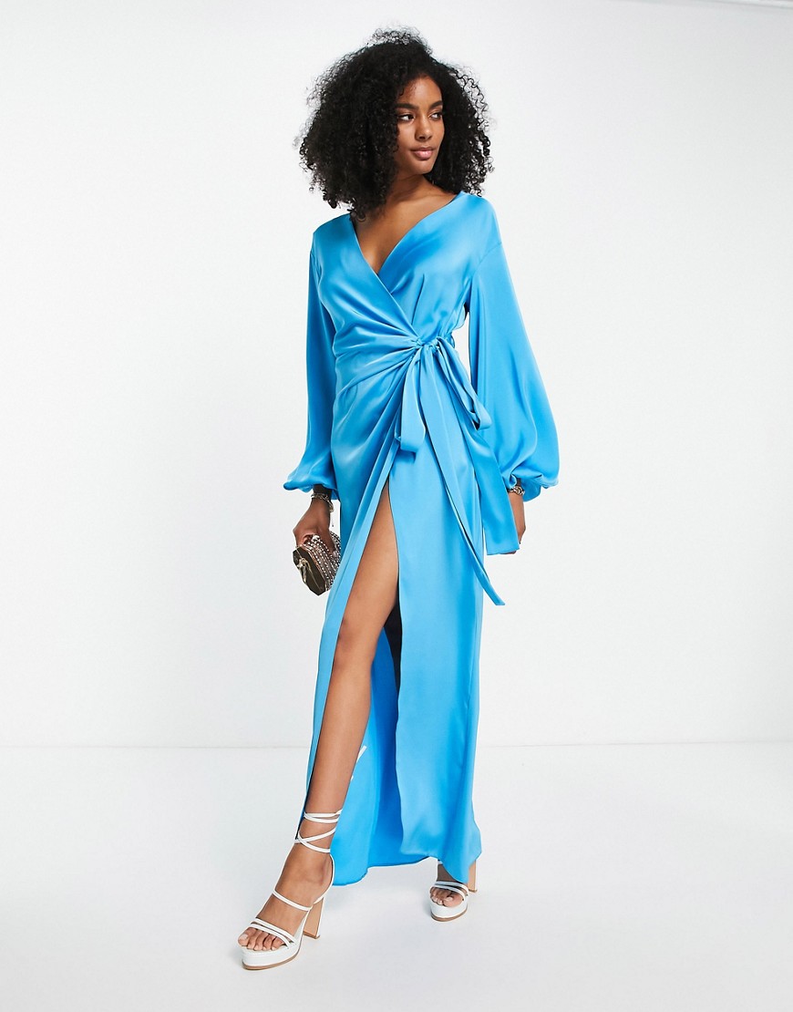 ASOS DESIGN exaggerated sleeve wrap dress with open detail back in bright blue satin