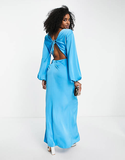 exaggerated sleeve wrap dress with detail back bright blue satin | ASOS