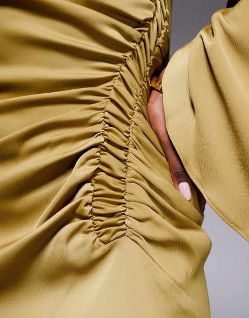 ASOS DESIGN exaggerated sleeves bias cut maxi dress with ruched waist in gold
