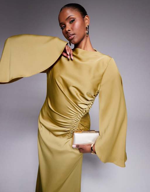 ASOS DESIGN exaggerated sleeves bias cut maxi dress with ruched waist in gold