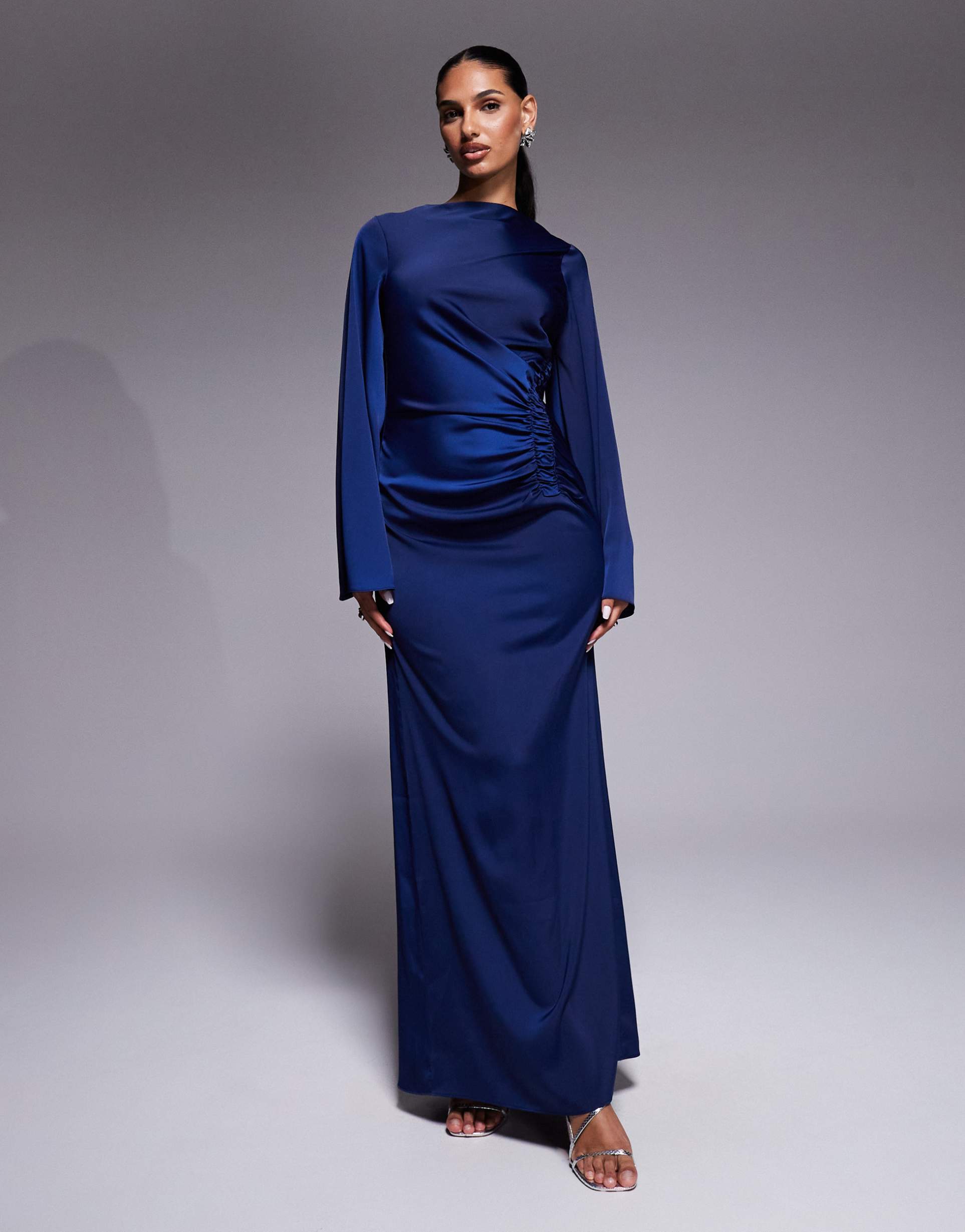 asos design exaggerated sleeves bias cut maxi dress with ruched waist in navy