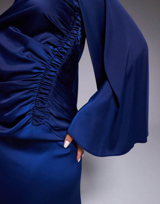 ASOS DESIGN exaggerated sleeves bias cut maxi dress with ruched waist in navy
