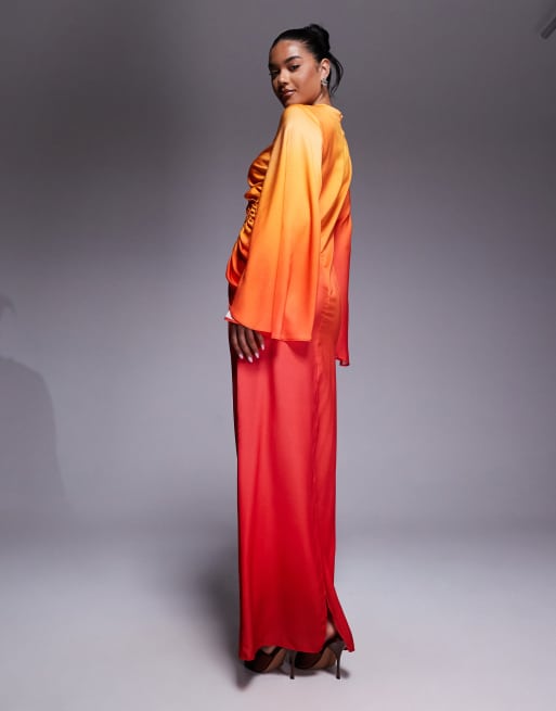 ASOS DESIGN exaggerated sleeves bias cut maxi dress with ruched waist in ombre