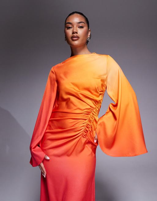 ASOS DESIGN exaggerated sleeves bias cut maxi dress with ruched waist in ombre