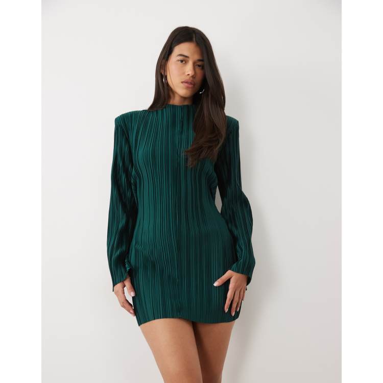 asos green plisse dress Design exaggerated sleeves plissé mini in emerald plus size bodycon