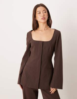 Asos Design Exaggerated Square Neck Blazer In Brown