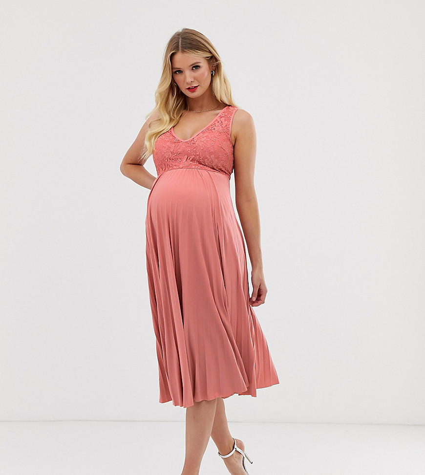 ASOS DESIGN Exclusive maternity lace top midi dress with pleated skirt-Pink