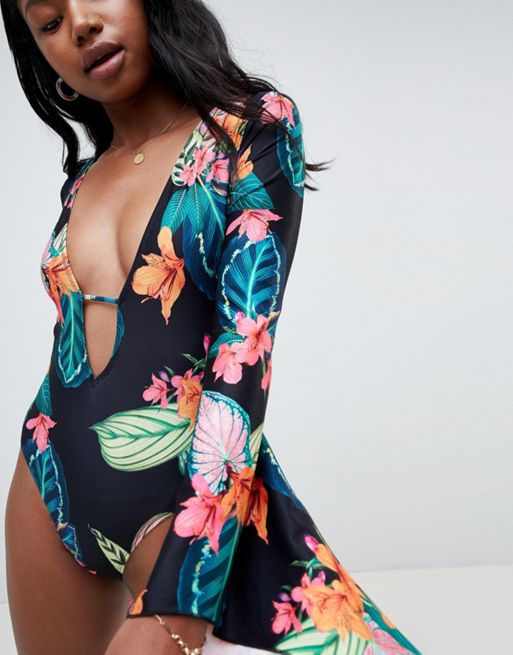 Roxy long sleeve surf swimsuit in tropical print