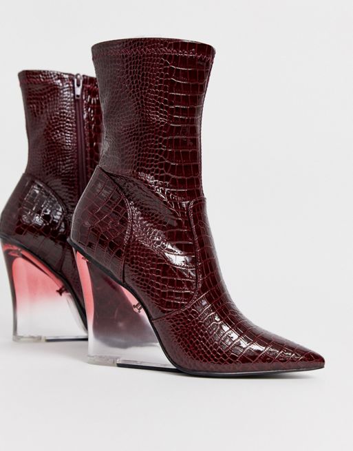 ASOS DESIGN Expectations high leg wedge boots in burgundy croc
